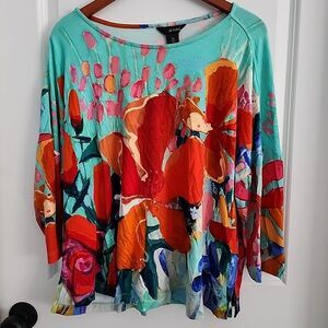 Ali Miles Blouse Size PXL Petite XL Colorful Floral Art To Wear 3/4 Sleeve Tunic